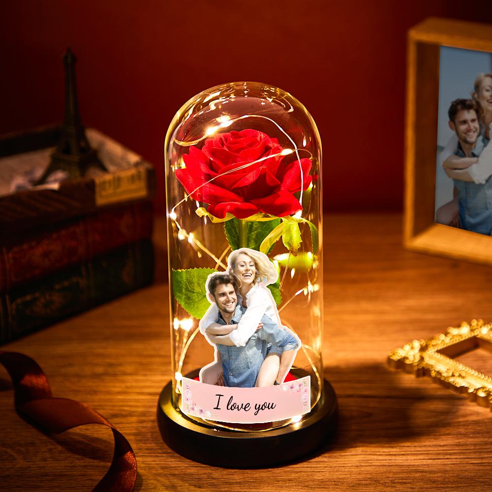 Personalizowana lampka LED z różą i zdjęciem na prezent dla niej na ślub