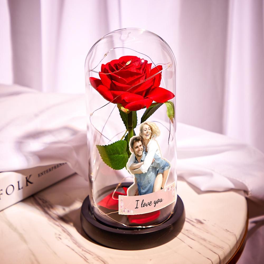 Personalizowana lampka LED z różą i zdjęciem na prezent dla niej na ślub