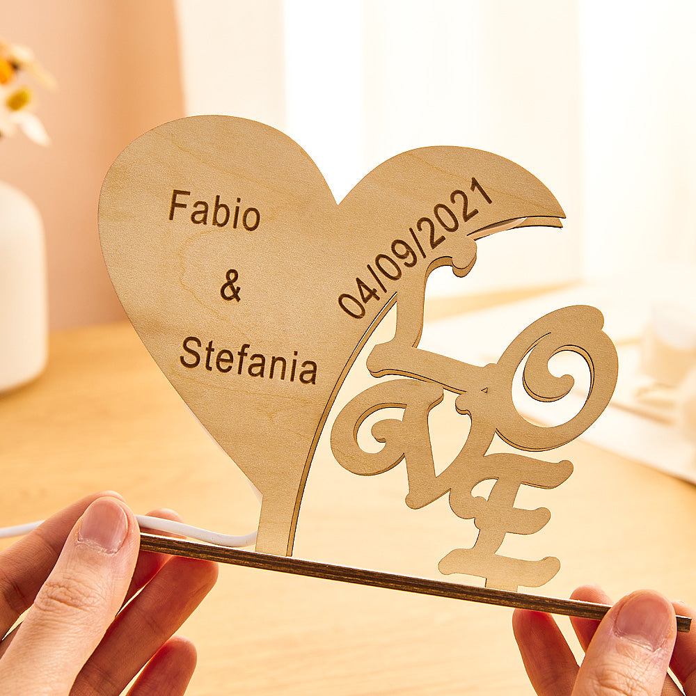 Personalizowana lampka nocna w kształcie serca na rocznicę dla pary