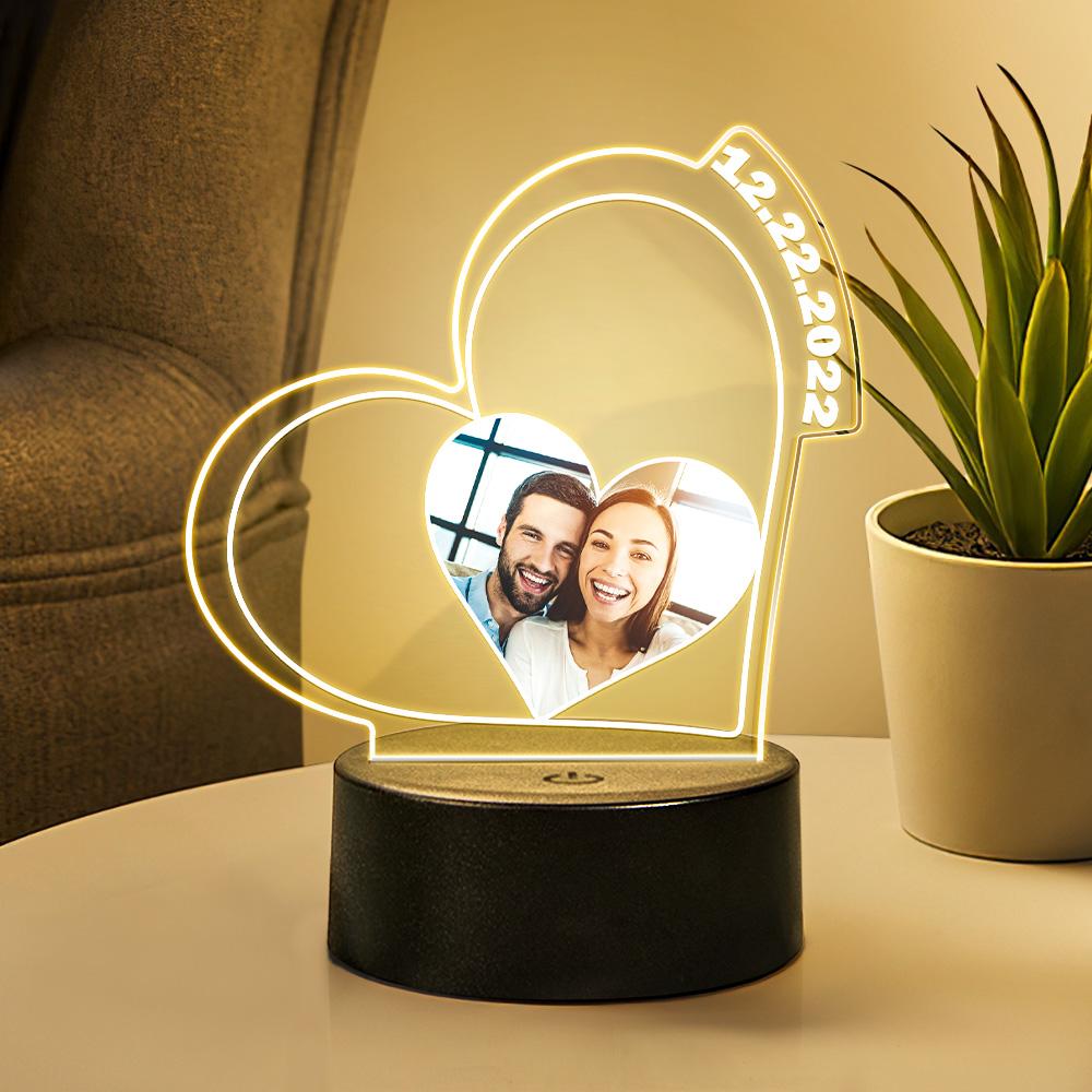 Personalizowana lampka serce z datą i zdjęciem, idealny prezent dla pary