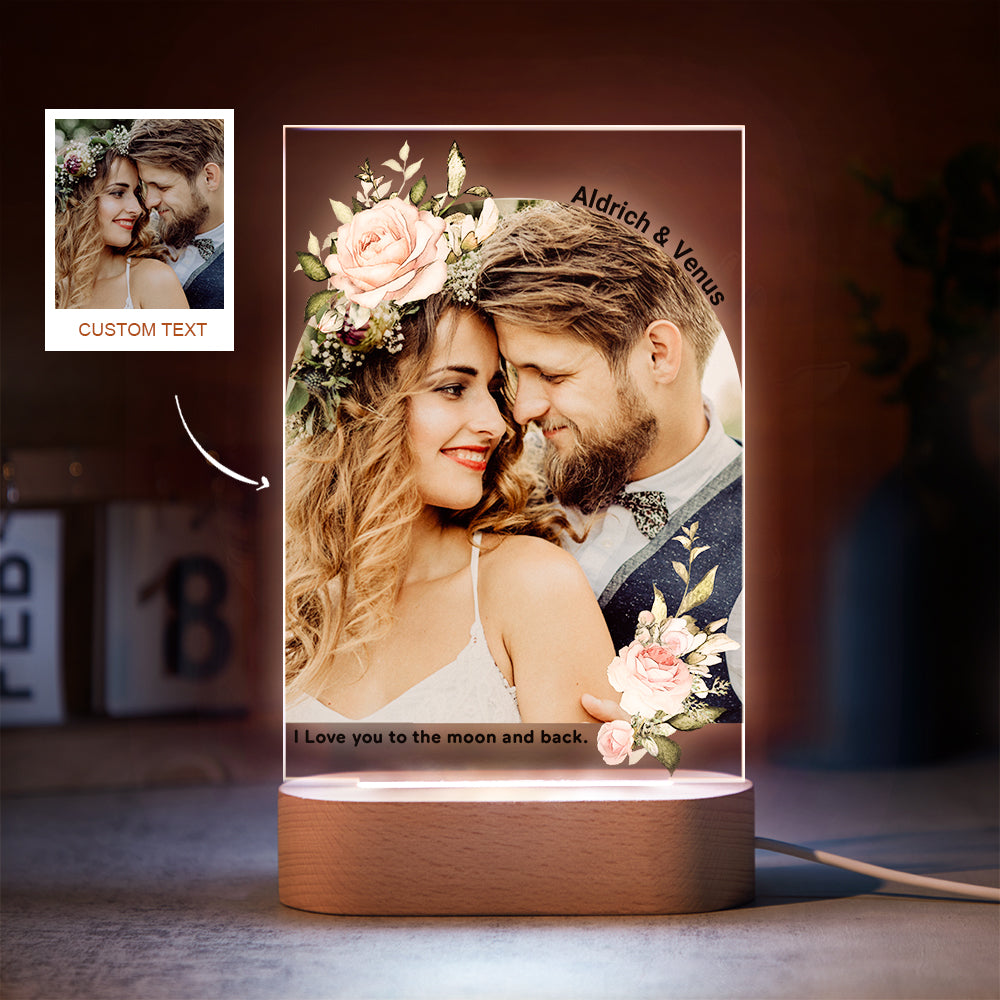 Personalizowana lampka nocna z kwiatami, prezent na zaręczyny z własnym zdjęciem