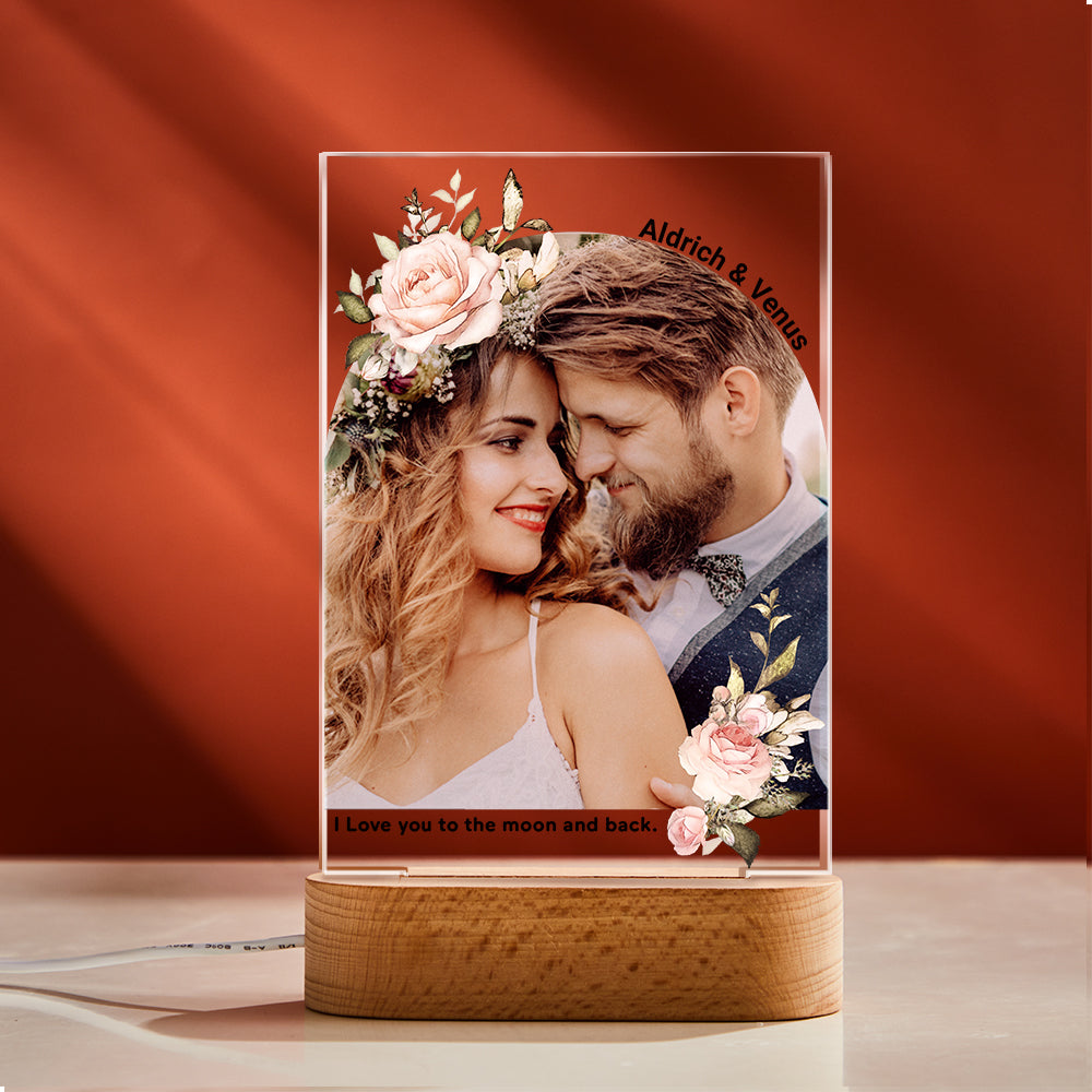 Personalizowana lampka nocna z kwiatami, prezent na zaręczyny z własnym zdjęciem