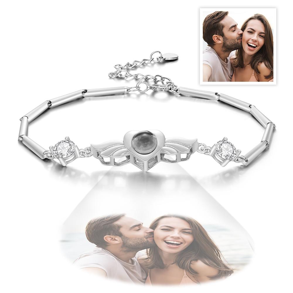 Personalized Photo Projection Bracelet Elegant Wings with Stone Jewelry for Her