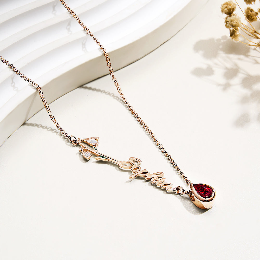 Personalized Birth Flower Birthstone Necklace with Name Necklace Jewelry Gift for Her