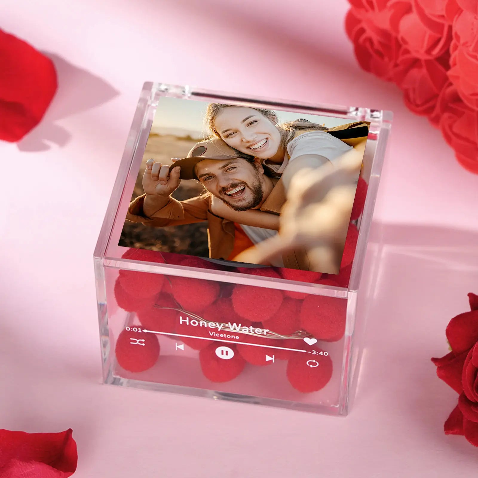 Mini Odtwarzacz Muzyczny z Personalizowanym Zdjęciem i Światłem w Akrylowej Skrzynce