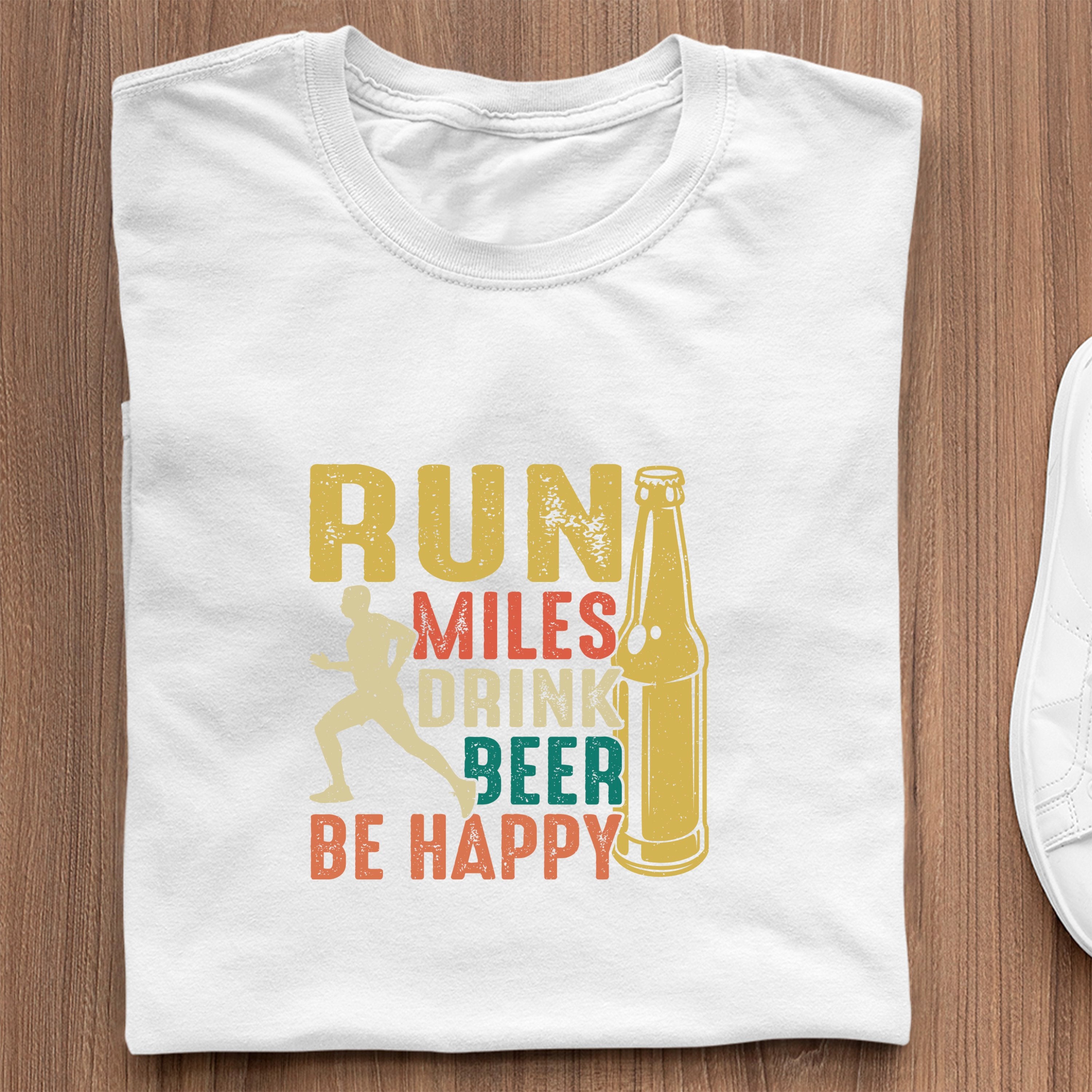 Koszulki Dla Biegaczy Z Nadrukiem  Run Miles Drink Beer Be Happy