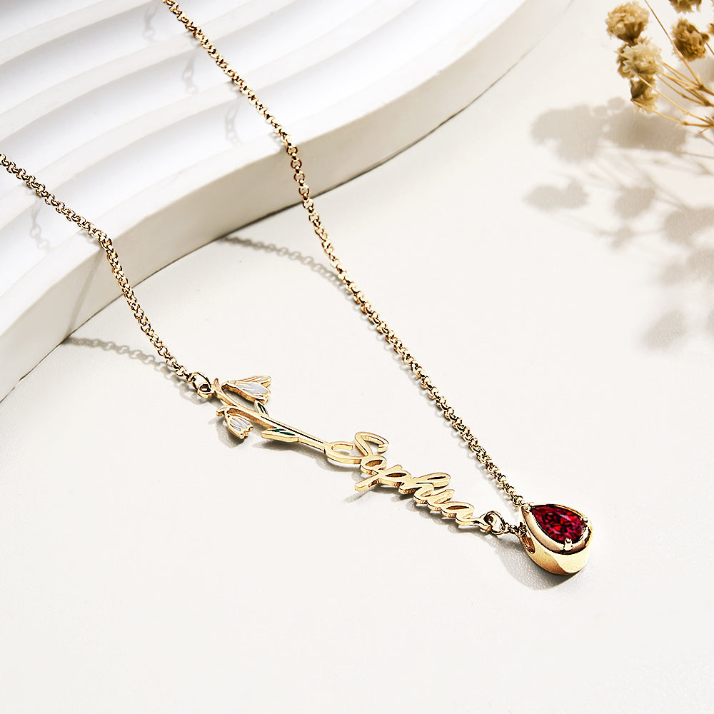 Personalized Birth Flower Birthstone Necklace with Name Necklace Jewelry Gift for Her