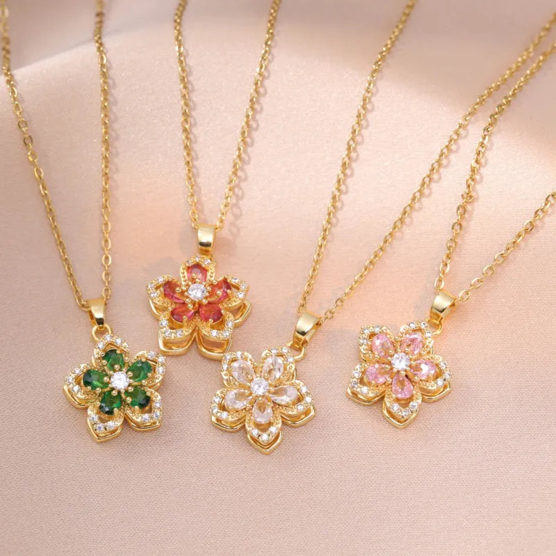Floral Birthstone Necklace Lotus Flower Gemstone Necklace with Rotating Crystal Flower