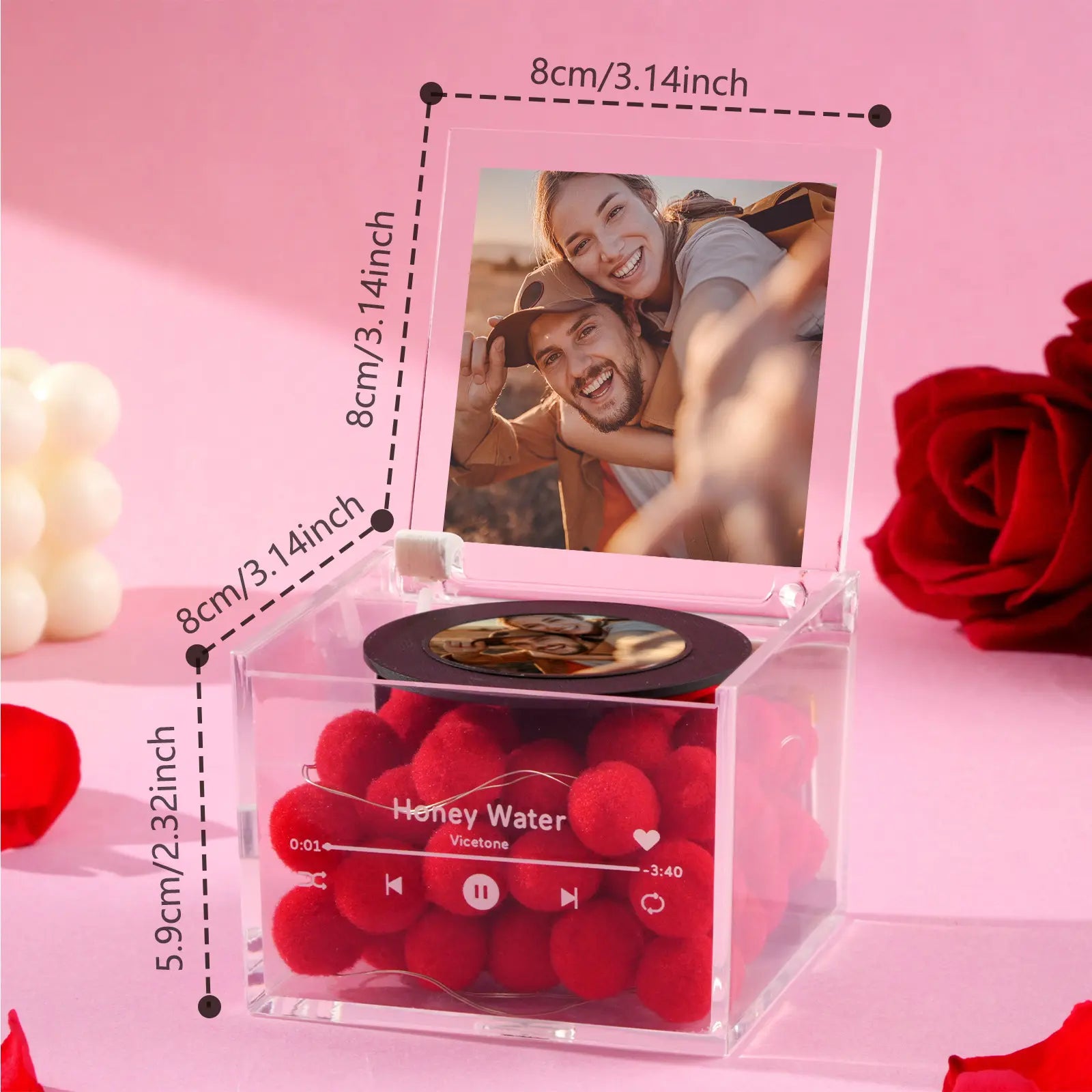 Mini Odtwarzacz Muzyczny z Personalizowanym Zdjęciem i Światłem w Akrylowej Skrzynce