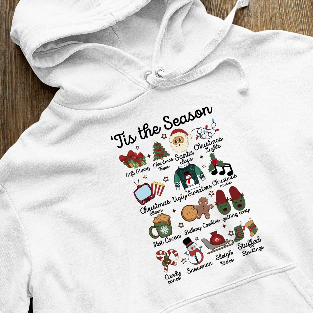 Bluza z kapturem Tis the Season Shirt Funny Southern Retro Christmas Tee Groovy Santa Tree Cocoa Elements