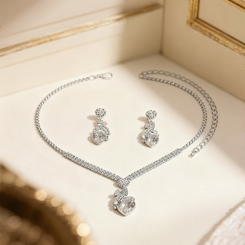 Bridal Rhinestone Heart Necklace and Earrings Set – Elegant Wedding Jewelry