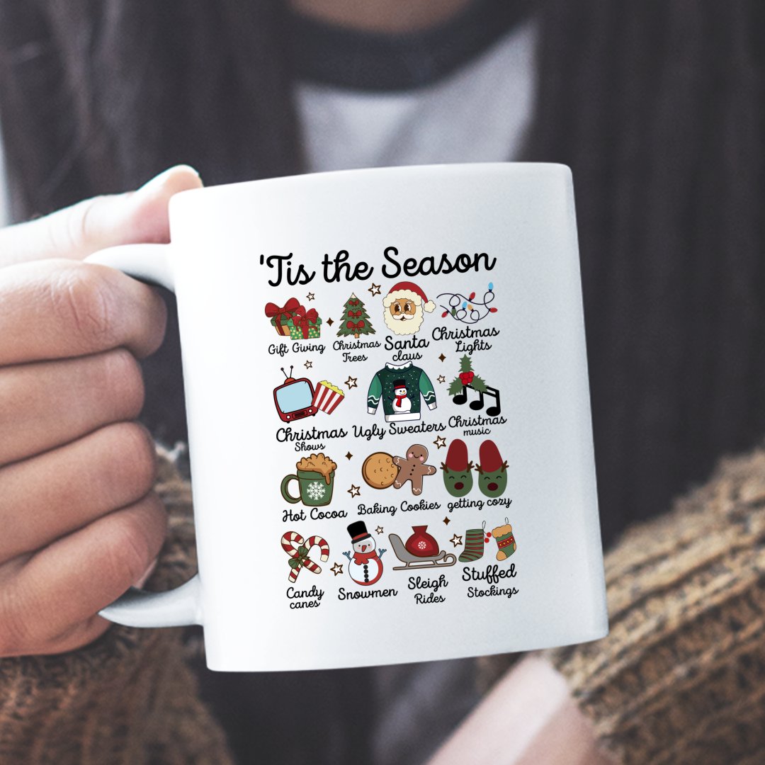 Kubek Tis the Season Shirt Funny Southern Retro Christmas Tee Groovy Santa Tree Cocoa Elements