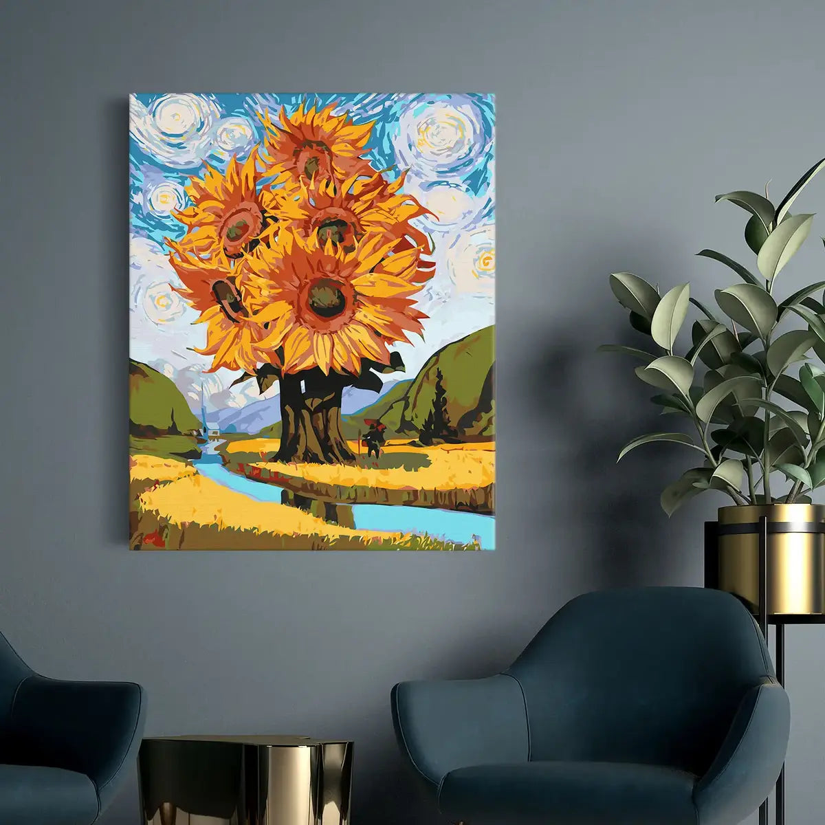 Słoneczniki na polu w stylu Van Gogha