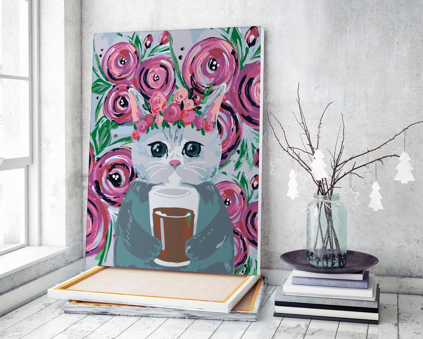Kot Z Kawą W Różowych Różach RD0063
